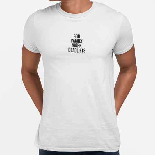 God, Family, Work, Deadlifts Unisex Jersey Short Sleeve Tee