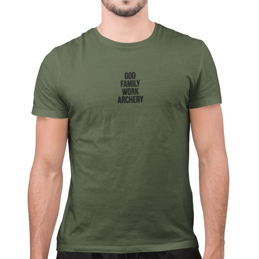 God, Family, Work, Archery Unisex Jersey Short Sleeve Tee